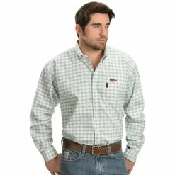 Wholesale π Cinch Green And White Plaid Flame Resistant Work π Shirt For Men π