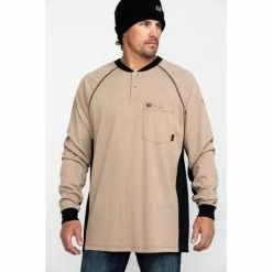 Wholesale 😍 Cinch Men's FR Henley Long Sleeve Work T-Shirt Beige/khaki ❤️