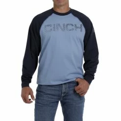 Budget ❤️ Cinch Men's FR Raglan Stretch Long Sleeve Work 👕 Shirt Blue 🛒