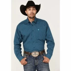 Outlet ⌛ Cinch Men's Stretch Navy Geo Print Long Sleeve Button-Down Western 👕 Shirt ✨