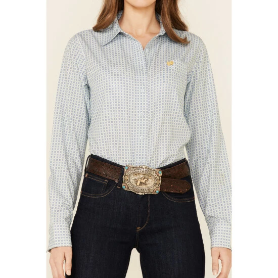 Coupon π Cinch π© Women's Arena Flex Light Blue Geo Print Long Sleeve Button-Down Western Core π Shirt π - Image 3