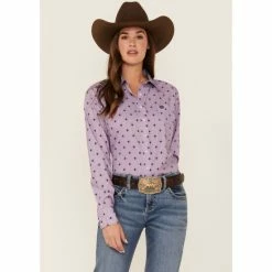 New ❤️ Cinch 👩 Women's Geo Print Long Sleeve Button-Down ArenaFlex 👕 Shirt Light Purple ✨