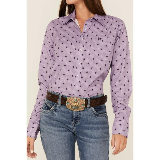 New β€οΈ Cinch π© Women's Geo Print Long Sleeve Button-Down ArenaFlex π Shirt Light Purple β¨ - Image 3