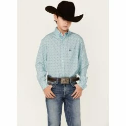 Promo 🎁 Cinch Boys' Light Blue Diamond Geo Print ArenaFlex Long Sleeve Button-Down Western 👕 Shirt 😉
