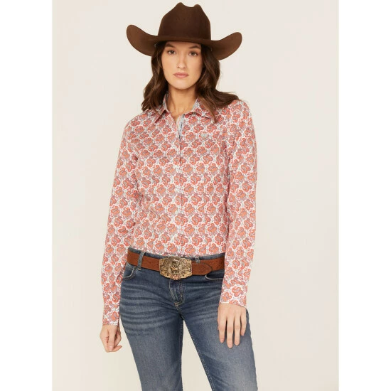 Promo π Cinch π© Women's Paisley Print Long Sleeve Button-Down Core π Shirt Coral π