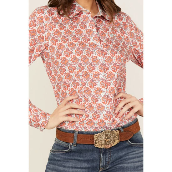 Promo π Cinch π© Women's Paisley Print Long Sleeve Button-Down Core π Shirt Coral π - Image 3