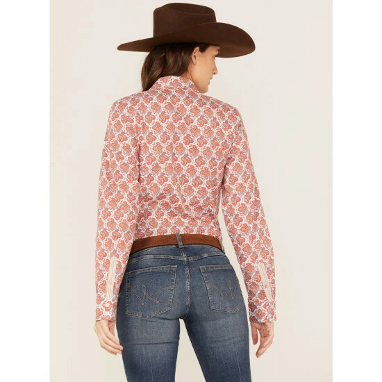 Promo π Cinch π© Women's Paisley Print Long Sleeve Button-Down Core π Shirt Coral π - Image 4