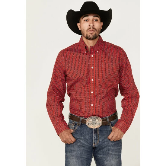 Outlet β€οΈ Cinch Men's Modern Fit Red Check Geo Print Long Sleeve Button-Down Western π Shirt β