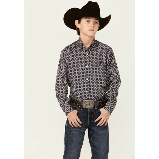 Discount π Cinch Boys' Medallion Geo Print Long Sleeve Button-Down Stretch ArenaFlex π Shirt Navy π