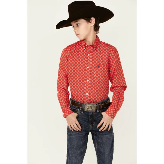 Promo π₯ Cinch Boys' Geo Print Long Sleeve Button-Down π Shirt Red π