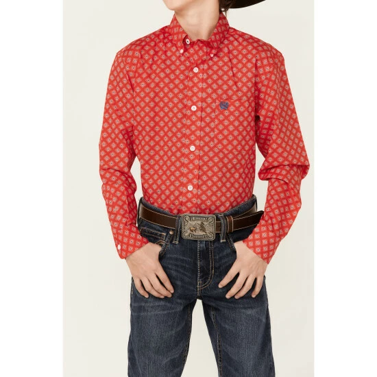 Promo π₯ Cinch Boys' Geo Print Long Sleeve Button-Down π Shirt Red π - Image 2