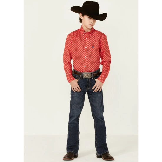 Promo π₯ Cinch Boys' Geo Print Long Sleeve Button-Down π Shirt Red π - Image 4