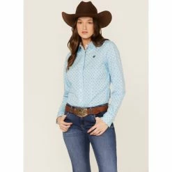 Best Sale π Cinch π© Women's Star Geo Print Button-Down Long Sleeve Western π Shirt Light Blue β