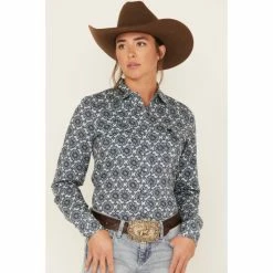 Coupon 😉 Cinch 👩 Women's Tile Print Long Sleeve Western Snap 👕 Shirt Blue 🎉