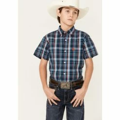 New 😍 Cinch Boys' Plaid Print Short Sleeve Button-Down 👚 Shirt Navy 🤩
