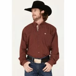 Outlet 🎉 Cinch Men's Geo Print Button-Down Western 👚 Shirt Burgundy ⌛