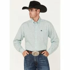 Buy ⭐ Cinch Men's Square Green Geo Print Long Sleeve Button-Down Western 👕 Shirt 🎁