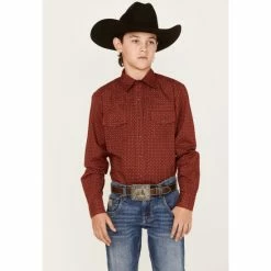 Best Pirce 😉 Cinch Boys' Dotted Geo Print Long Sleeve Western Snap 👚 Shirt Burgundy 💯