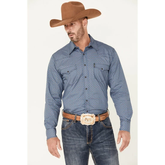 Cheap 🤩 Cinch Men's Blue Small Circle Modern Fit Geo Print Long Sleeve Snap Western 👕 Shirt 👏