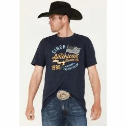 Discount 🥰 Cinch Men's American Heather Navy Logo Flag Graphic Short Sleeve T-Shirt 🛒