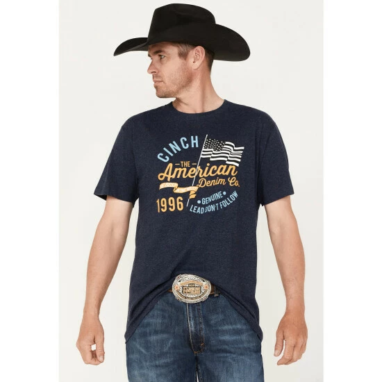 Discount π₯° Cinch Men's American Heather Navy Logo Flag Graphic Short Sleeve T-Shirt π