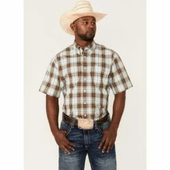 Discount ✨ Cinch Men's Brown Plaid Short Sleeve Button-Down Western 👚 Shirt 🎉